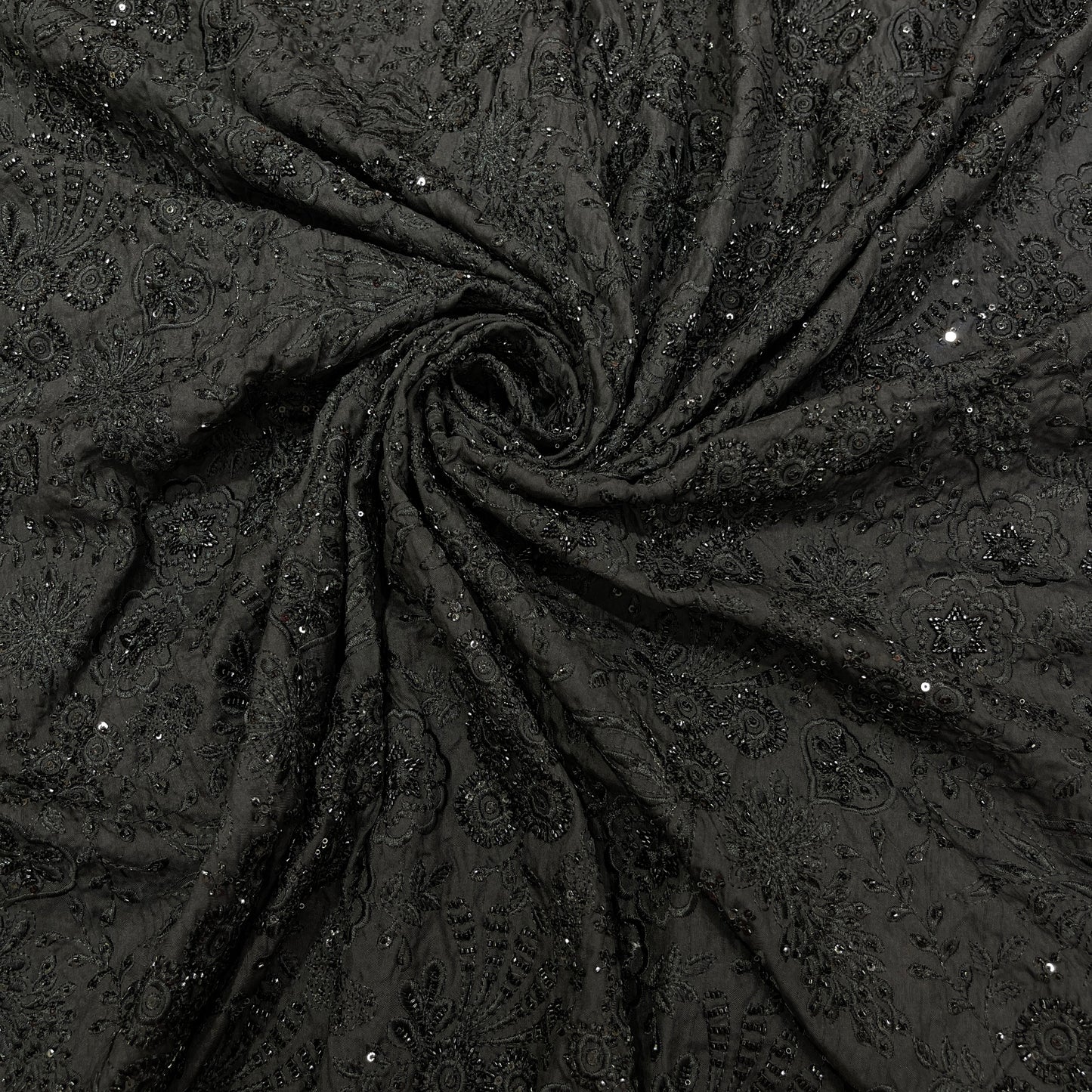 Premium Black Floral Embroidered Men's Kurta dupian Fabric with Beads & Sequins