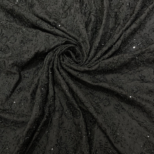 Premium Black Floral Embroidered Men's Kurta dupian Fabric with Beads & Sequins