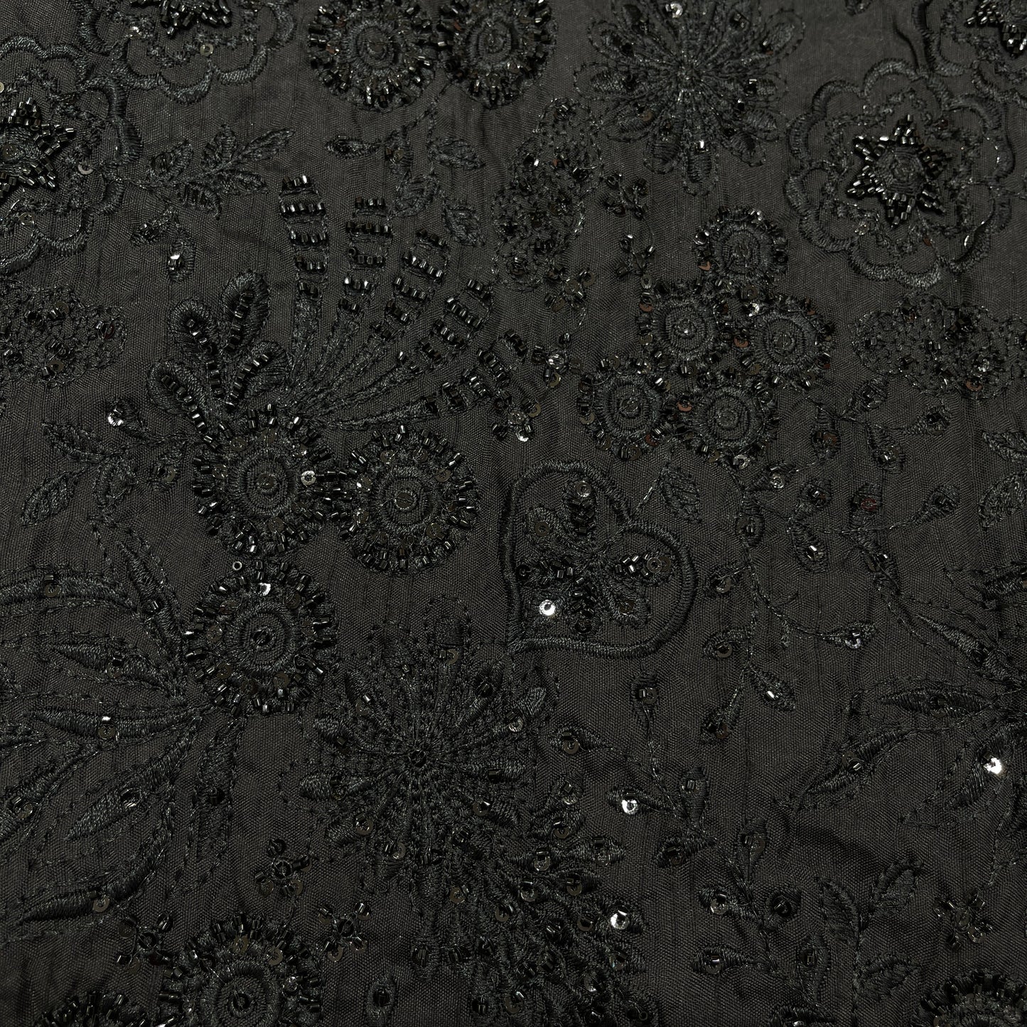 Premium Black Floral Embroidered Men's Kurta dupian Fabric with Beads & Sequins