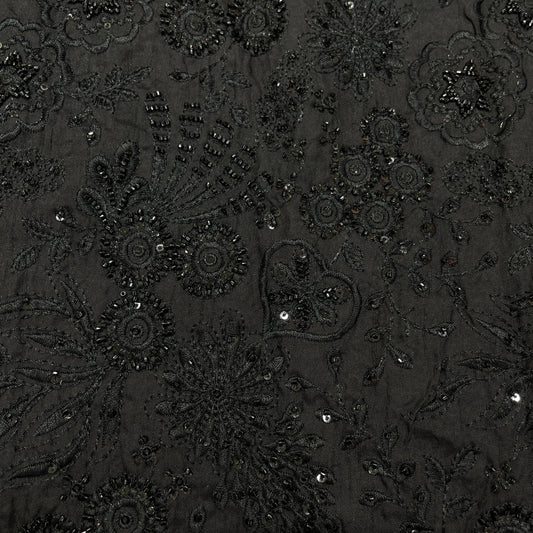 Premium Black Floral Embroidered Men's Kurta dupian Fabric with Beads & Sequins