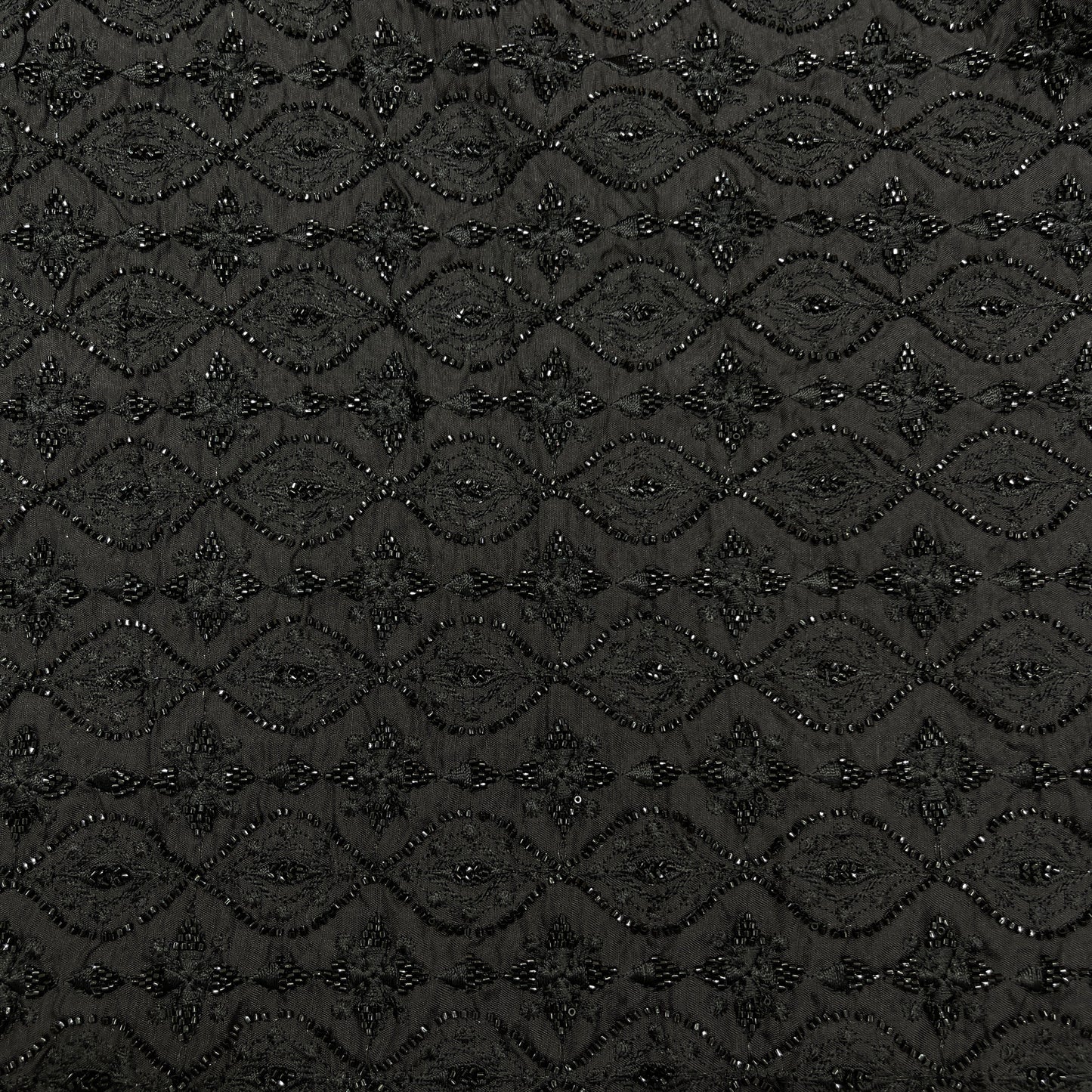 Premium Black Beaded Embroidered Mesh Fabric with Geometric Motifs dupion fabric