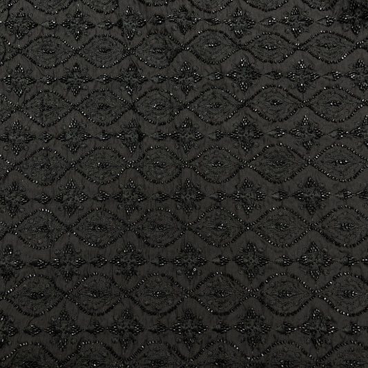 Premium Black Beaded Embroidered Mesh Fabric with Geometric Motifs dupion fabric