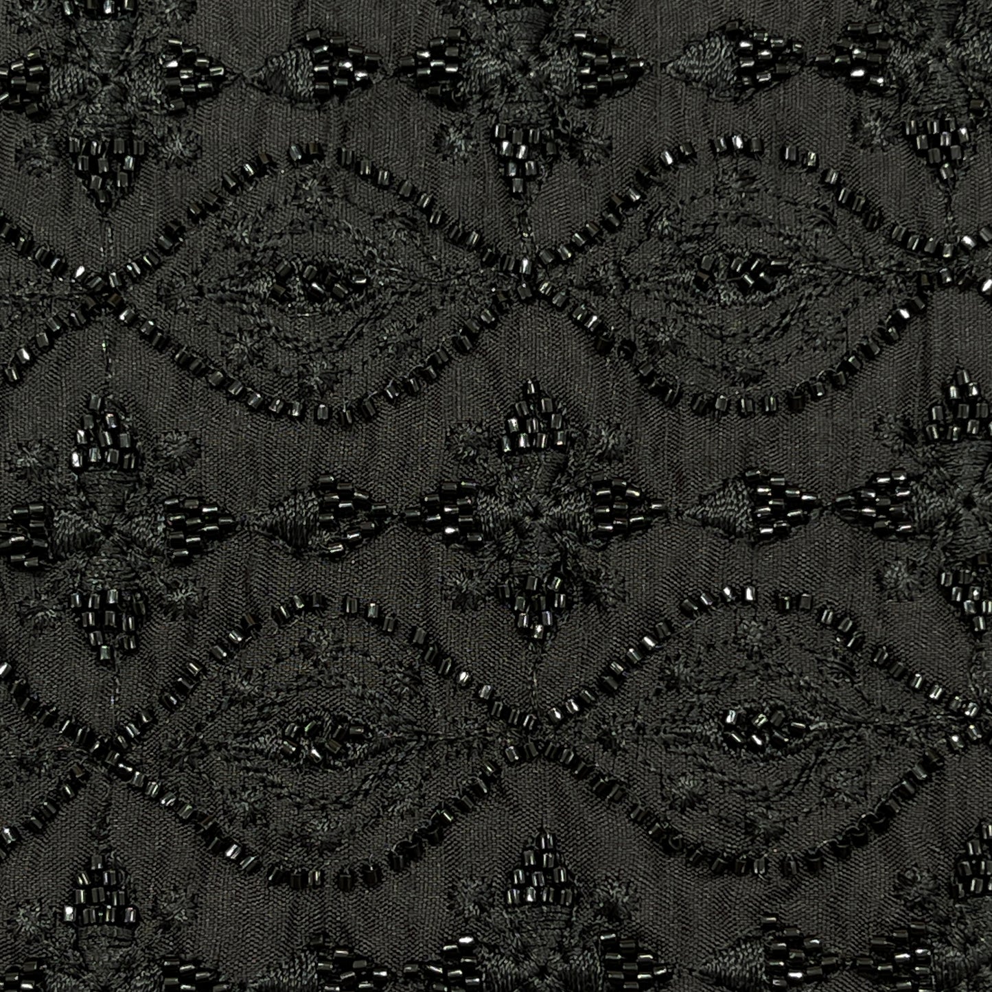 Premium Black Beaded Embroidered Mesh Fabric with Geometric Motifs dupion fabric