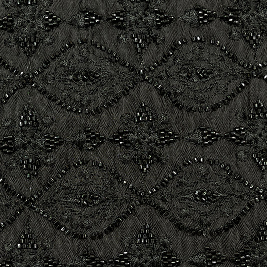 Premium Black Beaded Embroidered Mesh Fabric with Geometric Motifs dupion fabric