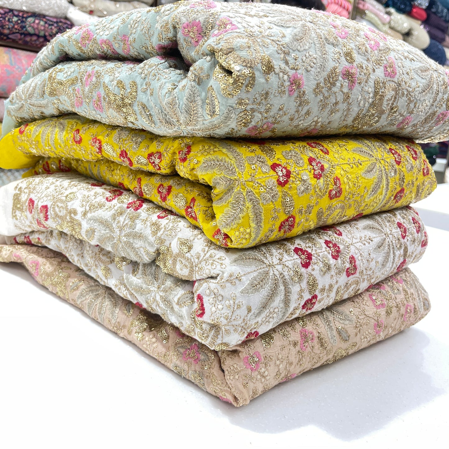 Premium Heavy Sequins Floral Embroidered Fabric with Metallic Thread Work