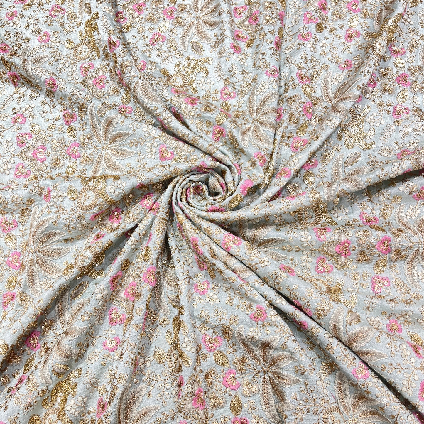 Premium Heavy Sequins Floral Embroidered Fabric with Metallic Thread Work