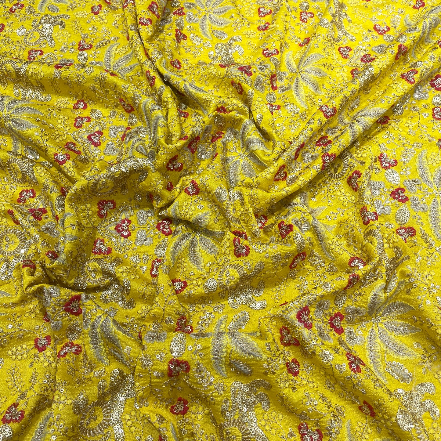 Premium Heavy Sequins Floral Embroidered Fabric with Metallic Thread Work