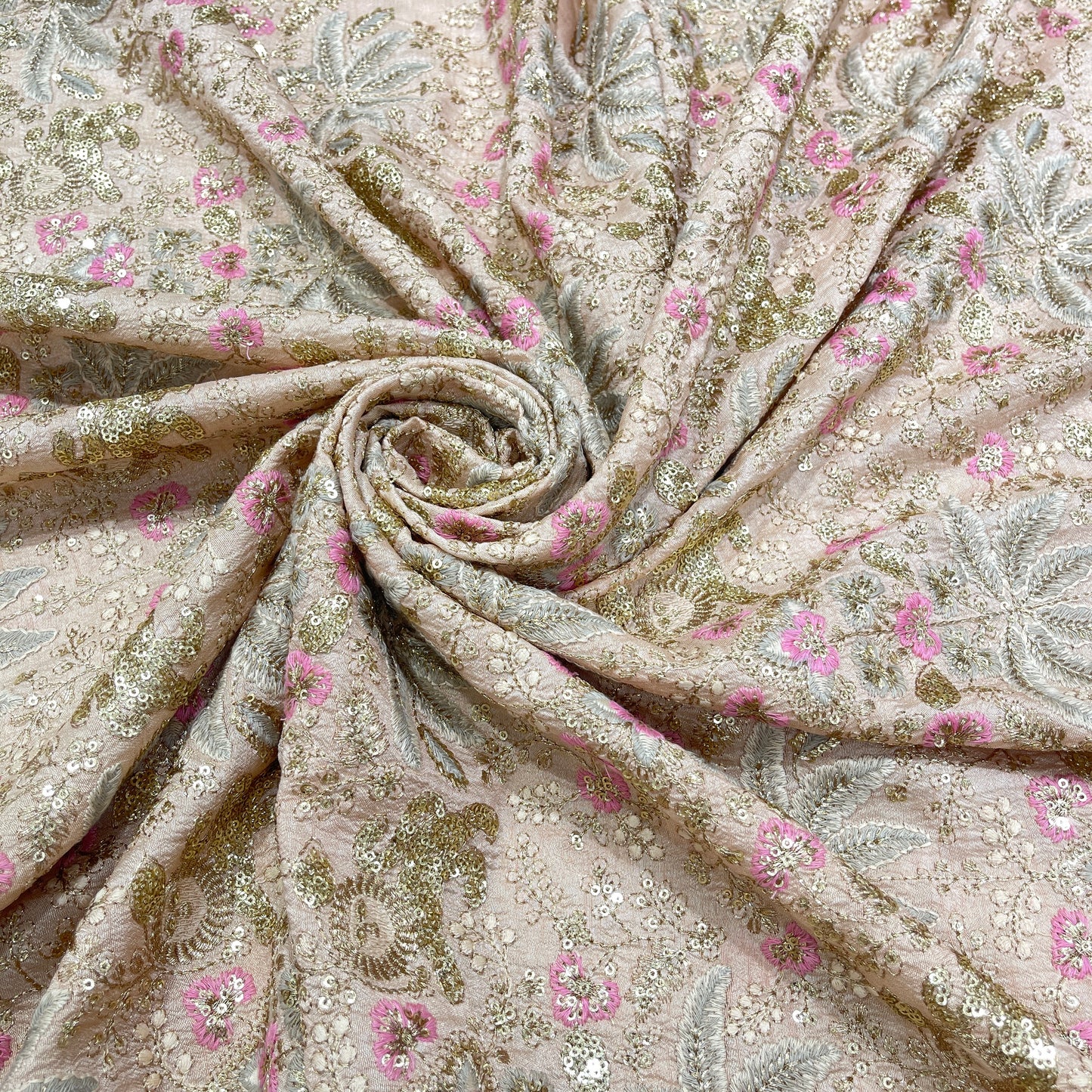 Premium Heavy Sequins Floral Embroidered Fabric with Metallic Thread Work