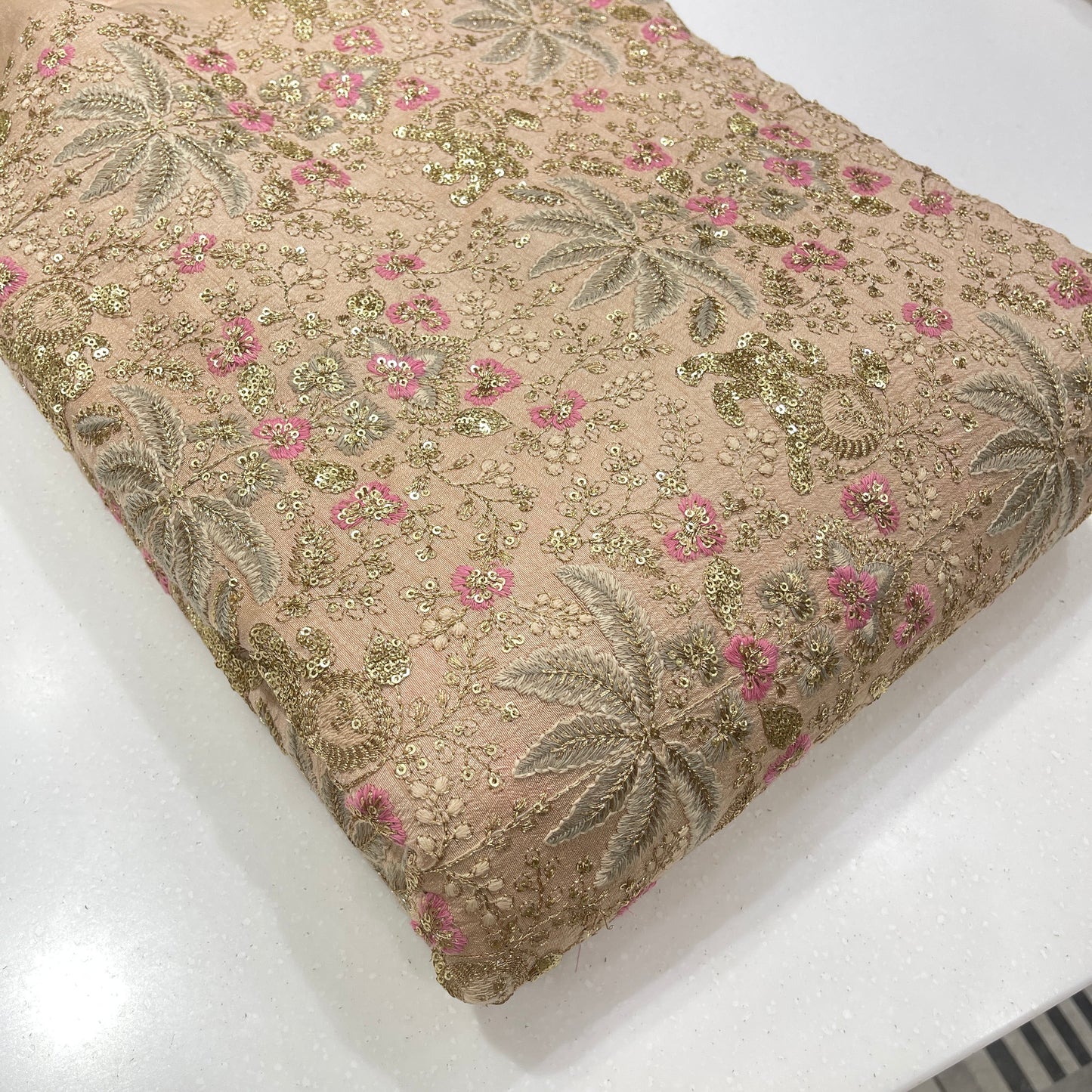 Premium Heavy Sequins Floral Embroidered Fabric with Metallic Thread Work