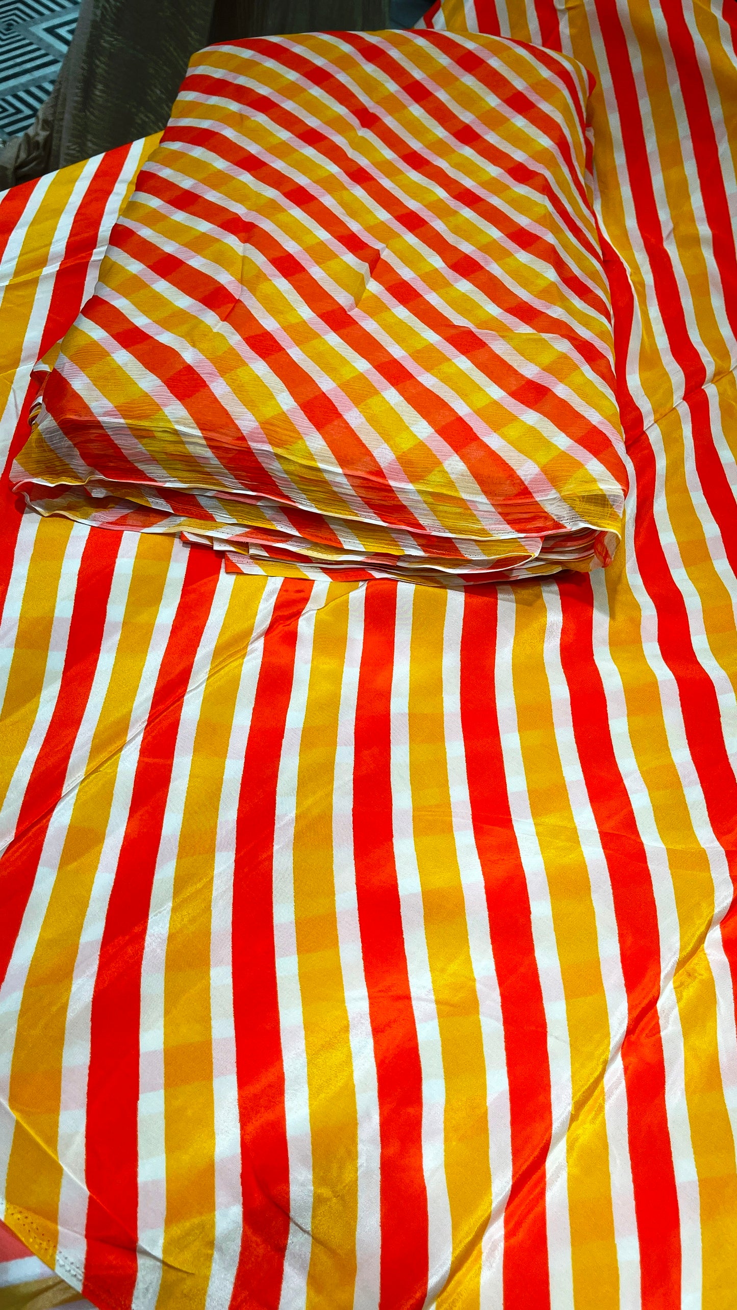 Sunset Stripe Crepe & Chiffon Fabric Combo – Orange, Yellow & White Designer Print