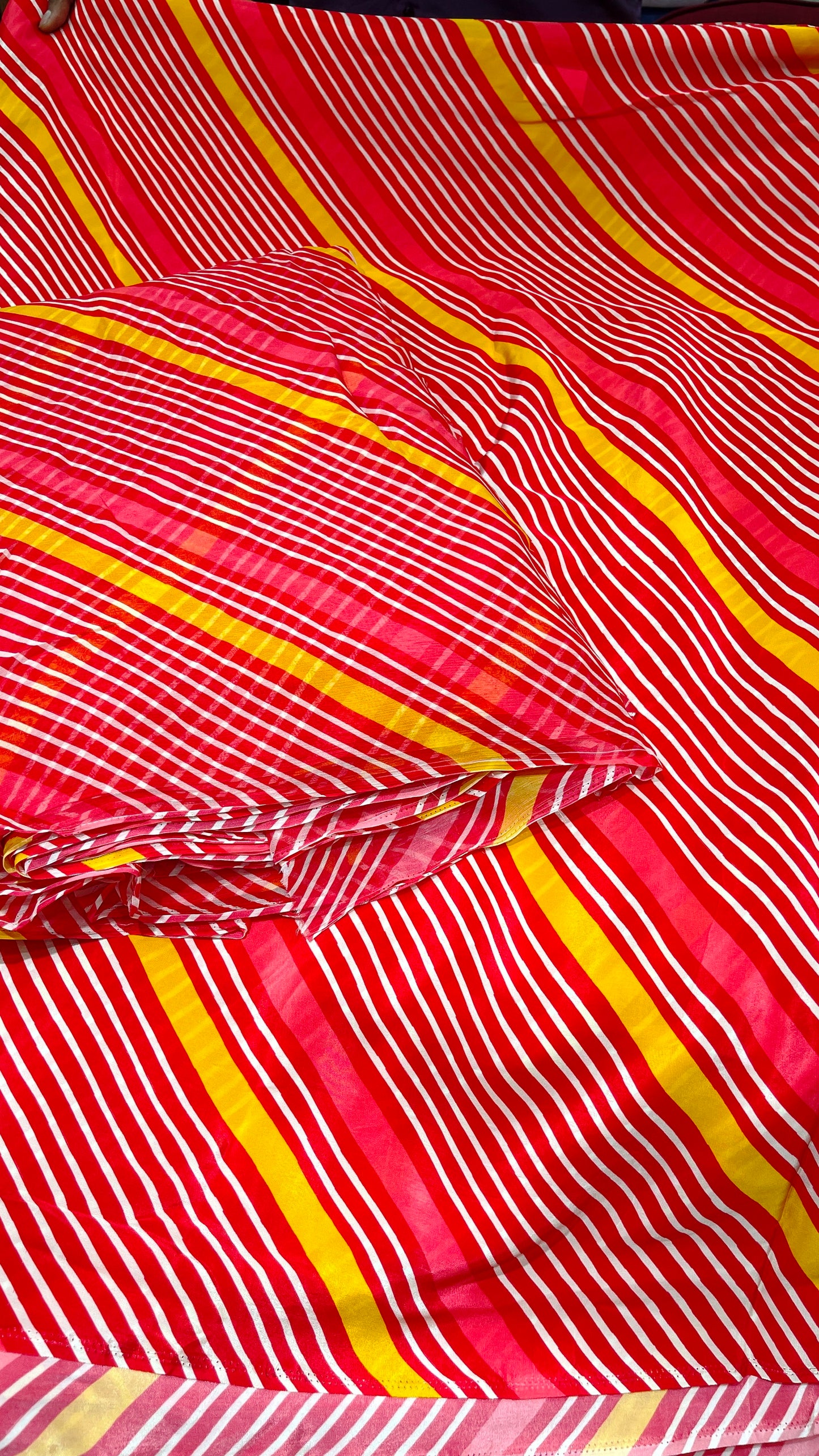 Pink Red Stripe Crepe & Chiffon Fabric Combo – Designer Yellow Line Print Fabric