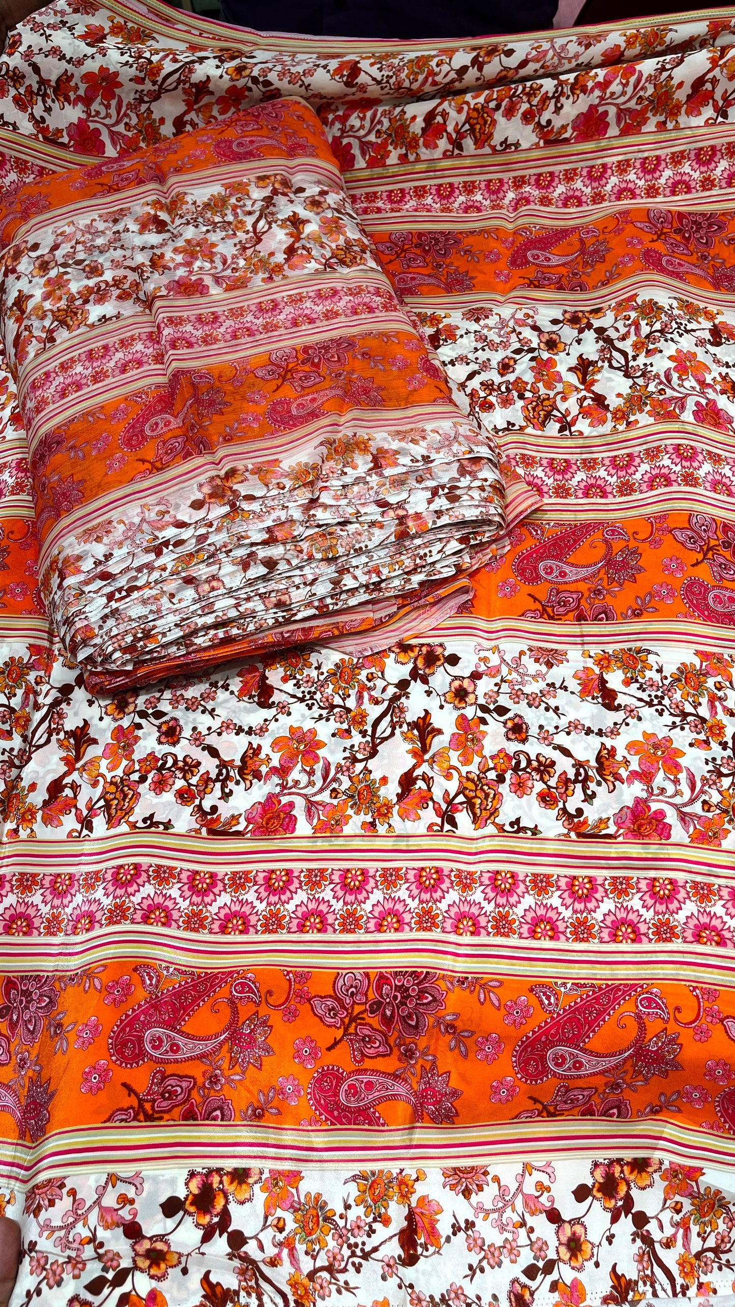 Orange Floral Crepe & Chiffon Fabric Combo – Paisley and Vintage Flower Print Fabric