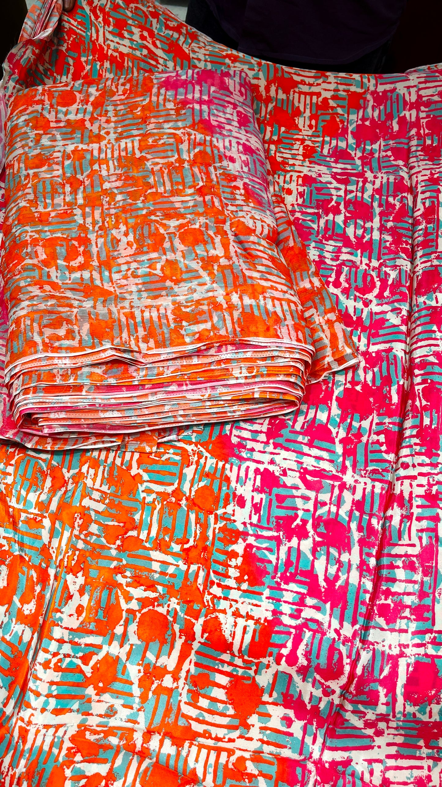 Abstract Neon Print Crepe & Chiffon Fabric Combo – Pink Orange Designer Fabric