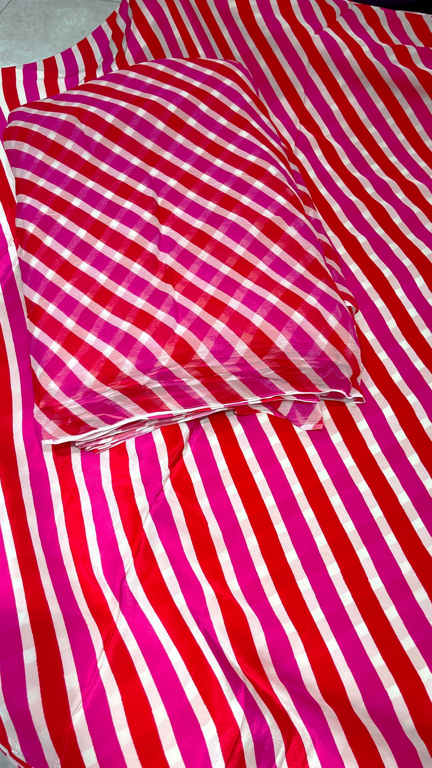 Sunset Stripe Crepe & Chiffon Fabric Combo – Orange, Yellow & White Designer Print