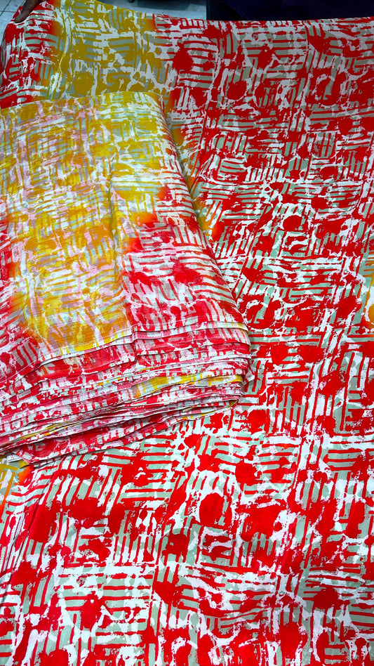 Abstract Neon Print Crepe & Chiffon Fabric Combo – Pink Orange Designer Fabric