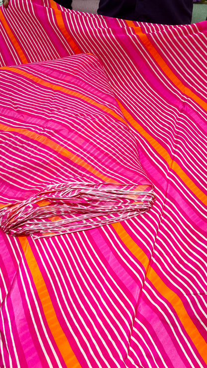 Pink Red Stripe Crepe & Chiffon Fabric Combo – Designer Yellow Line Print Fabric