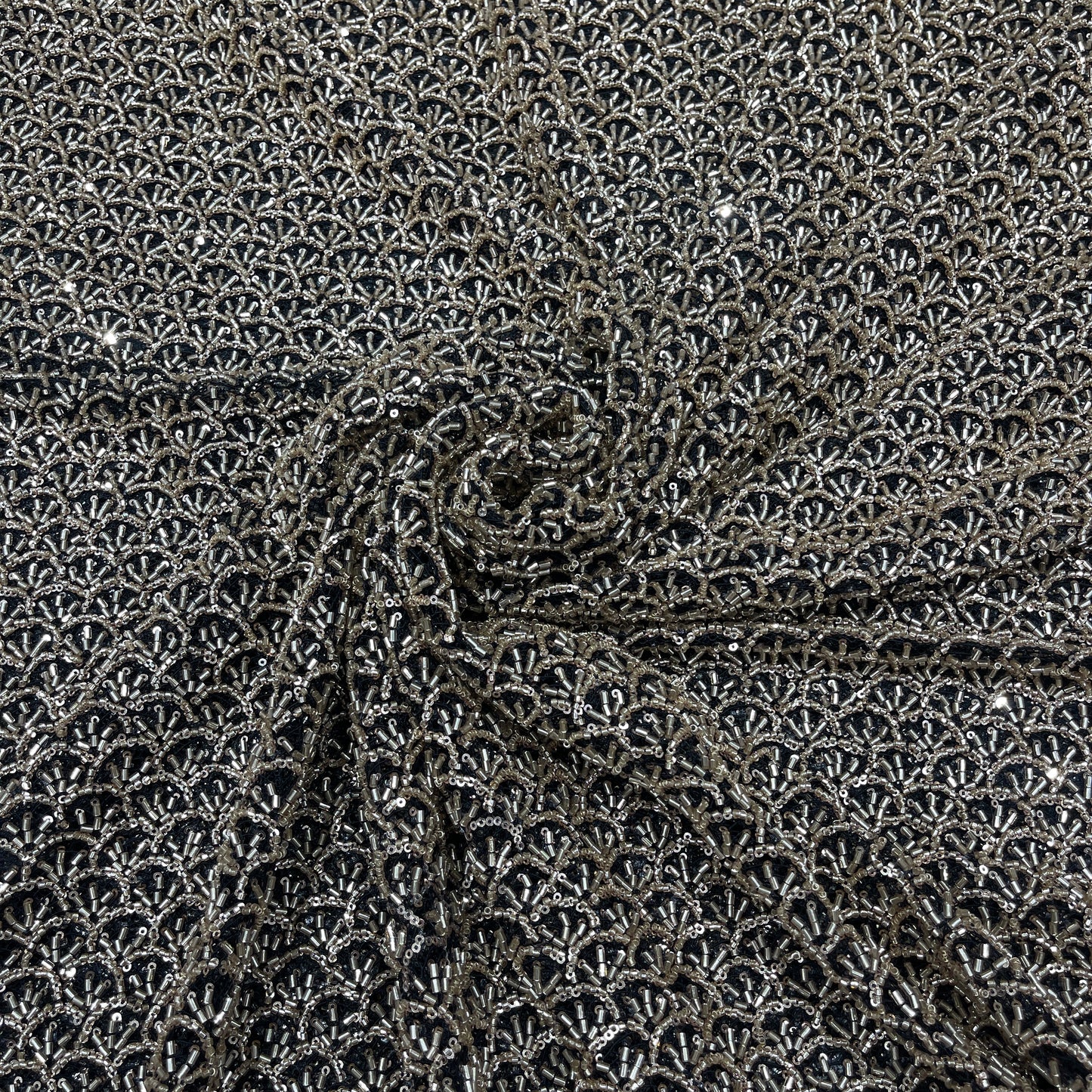 Premium Silver Beaded & Sequin Embellished Net Lace Fabric