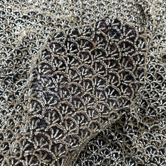 Premium Silver Beaded & Sequin Embellished Net Lace Fabric