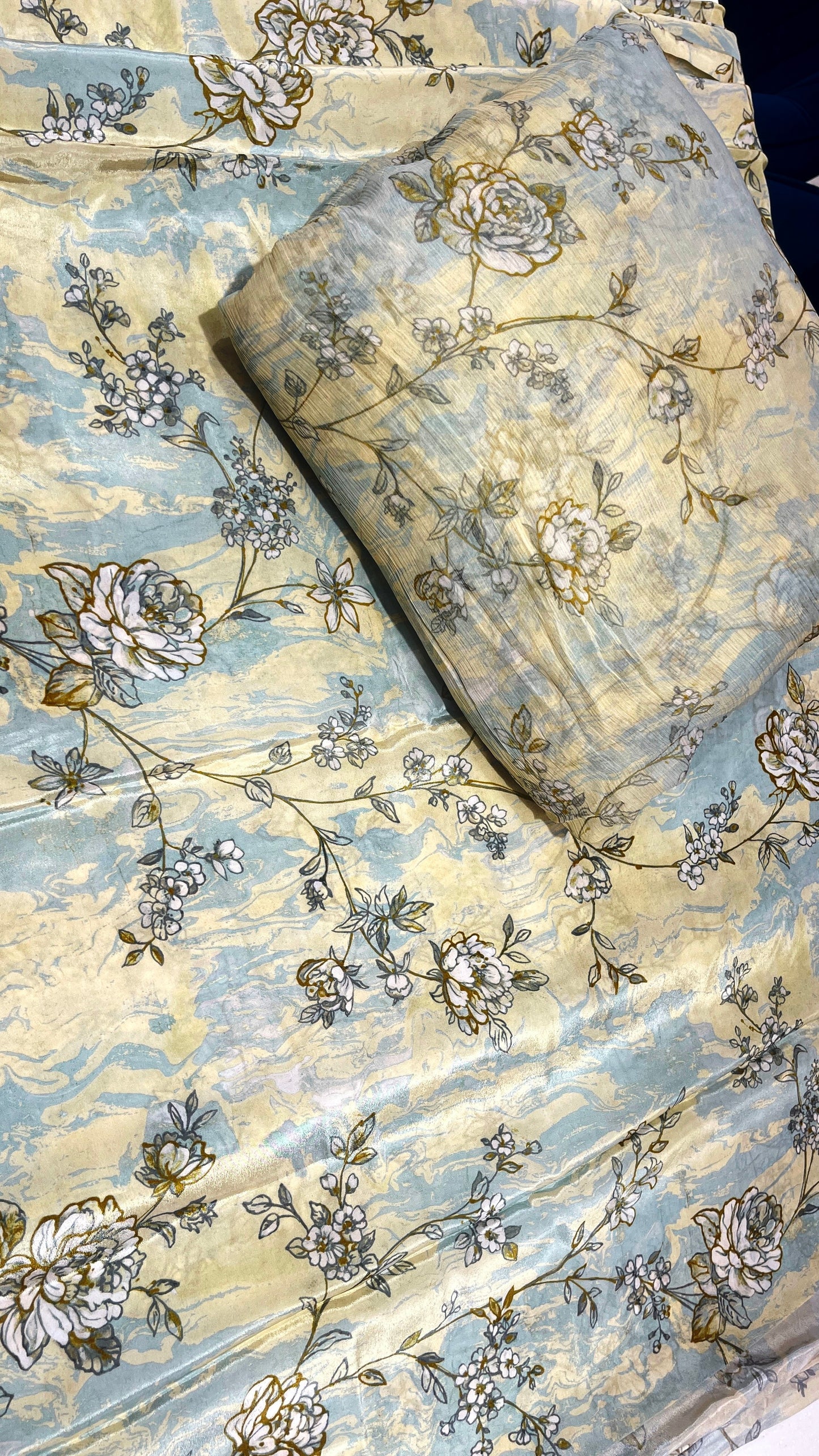 Pastel Blush Floral Crepe & Chiffon Fabric Combo – Soft Pink & Sage Green Designer Print