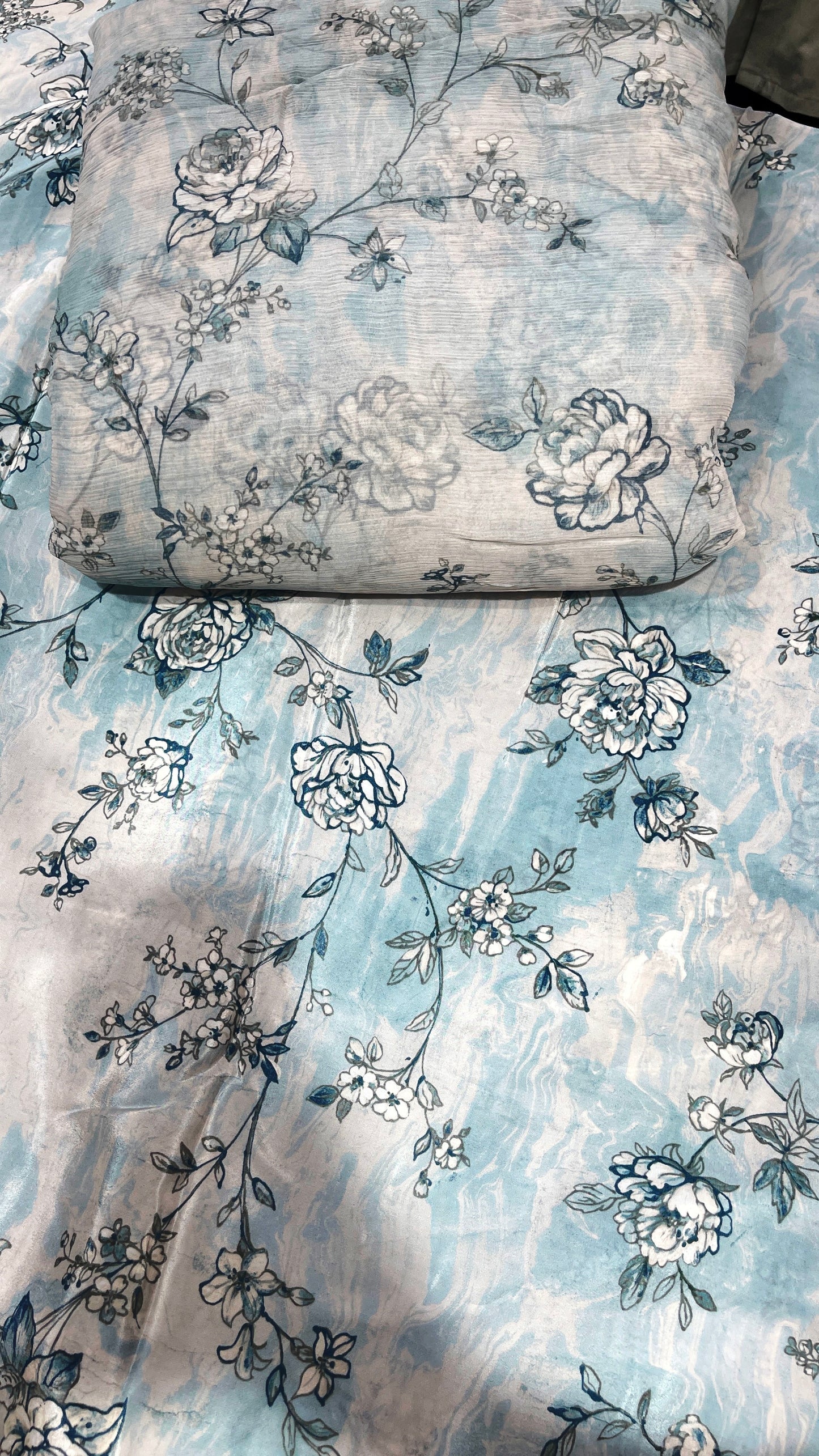 Pastel Blush Floral Crepe & Chiffon Fabric Combo – Soft Pink & Sage Green Designer Print