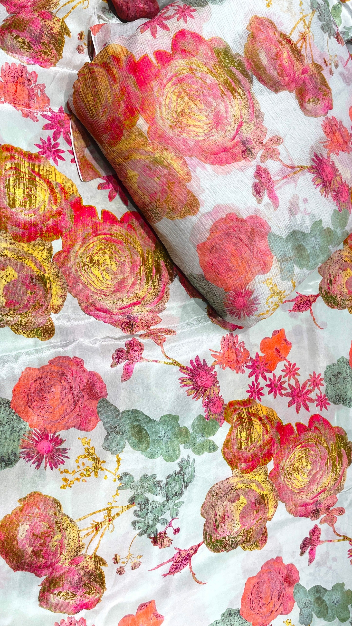 Elegant Pastel Floral Crepe & Chiffon Fabric Combo with Gold Foil Print
