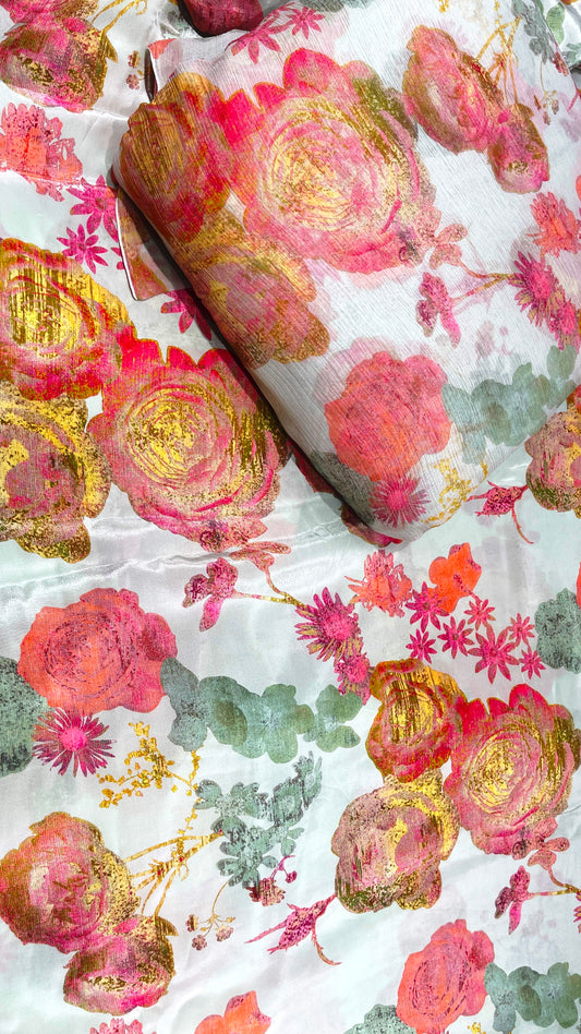 Elegant Pastel Floral Crepe & Chiffon Fabric Combo with Gold Foil Print