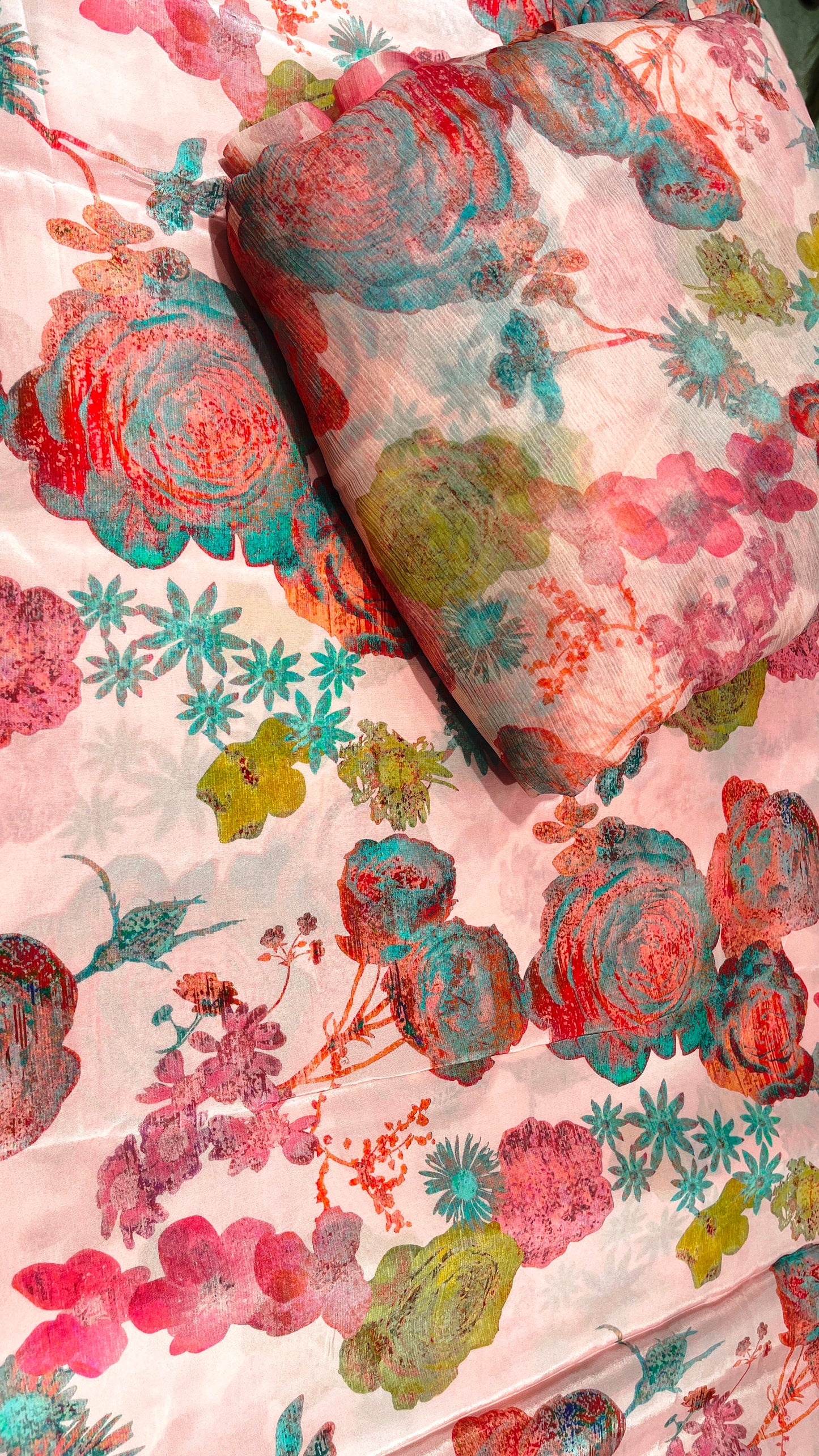 Elegant Pastel Floral Crepe & Chiffon Fabric Combo with Gold Foil Print