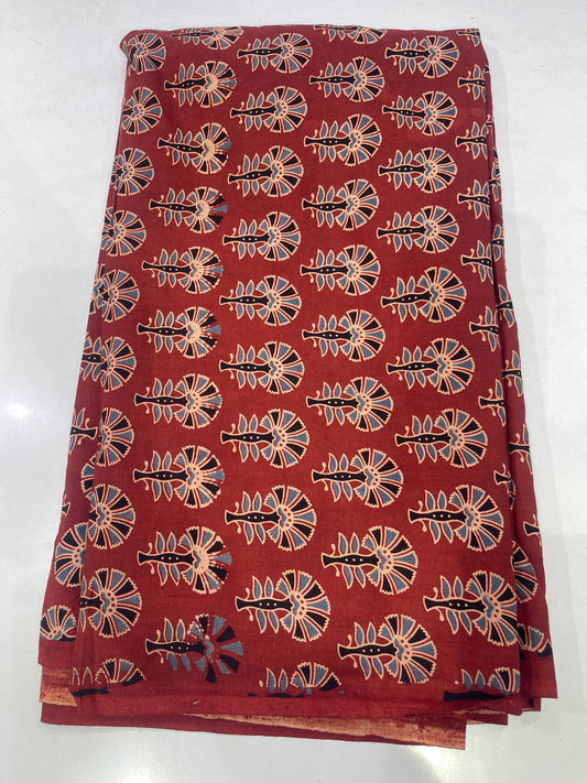 Pure Cotton Digital Print Fabric – Maroon Ethnic Leaf Motif