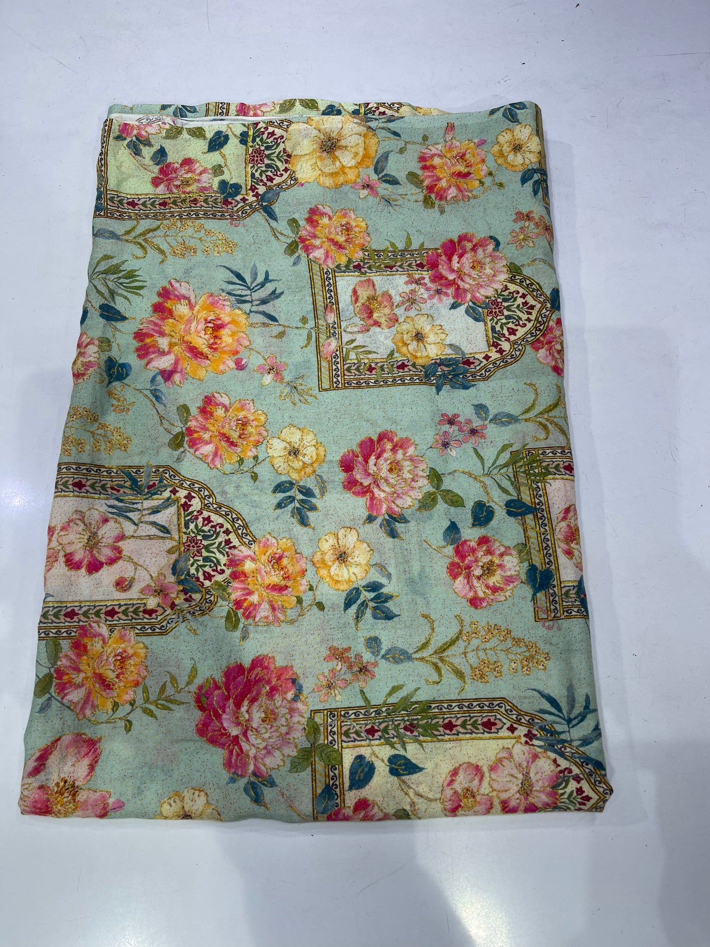 Pure Cotton Digital Print Fabric – Aqua Floral Frame Design