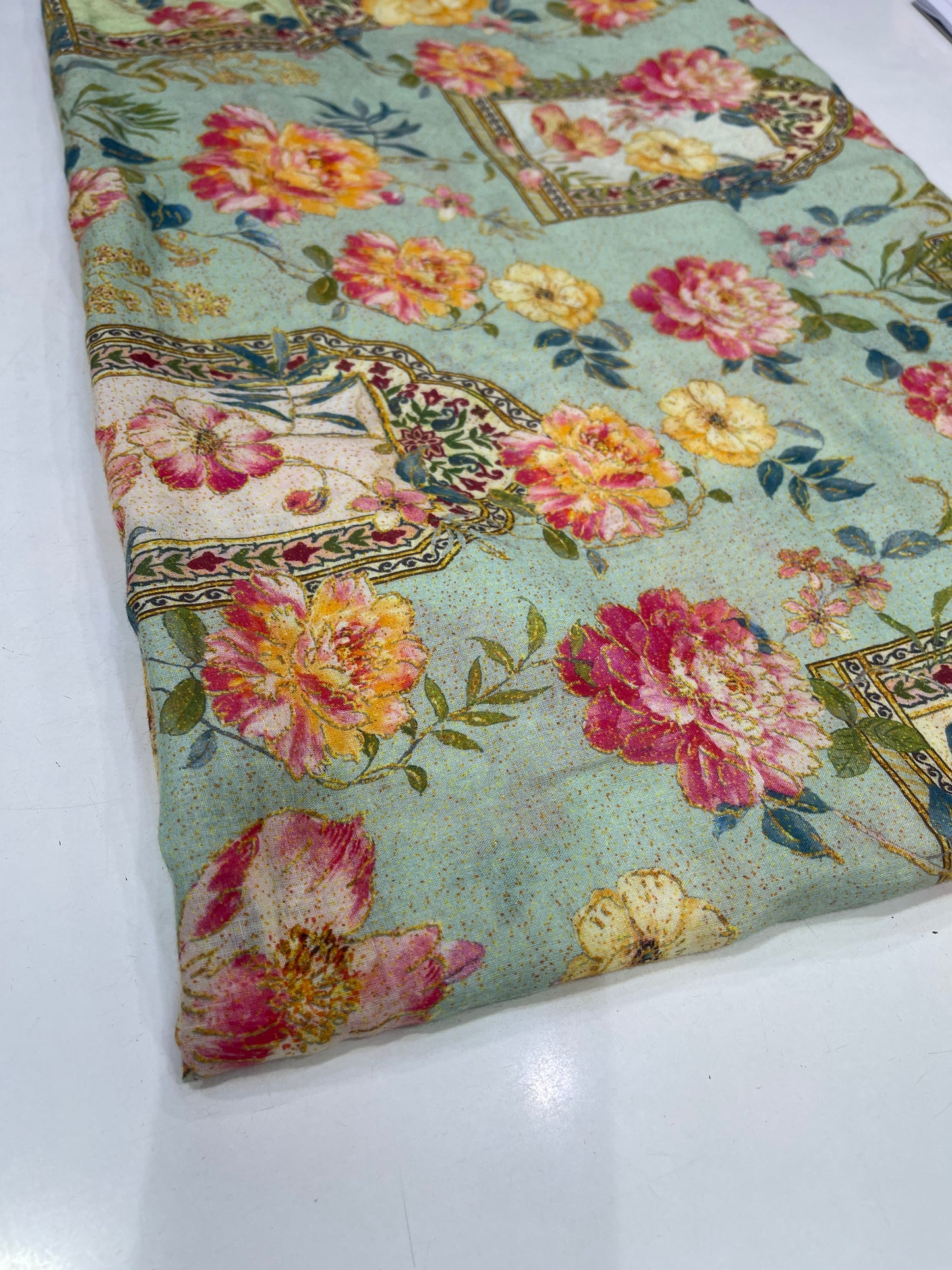 Pure Cotton Digital Print Fabric – Aqua Floral Frame Design