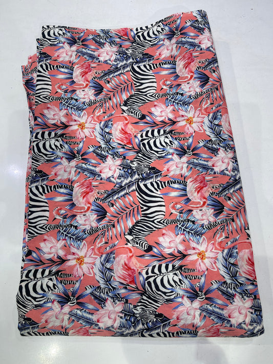 Pure Cotton Digital Print Fabric – Coral Zebra & Flamingo Tropical