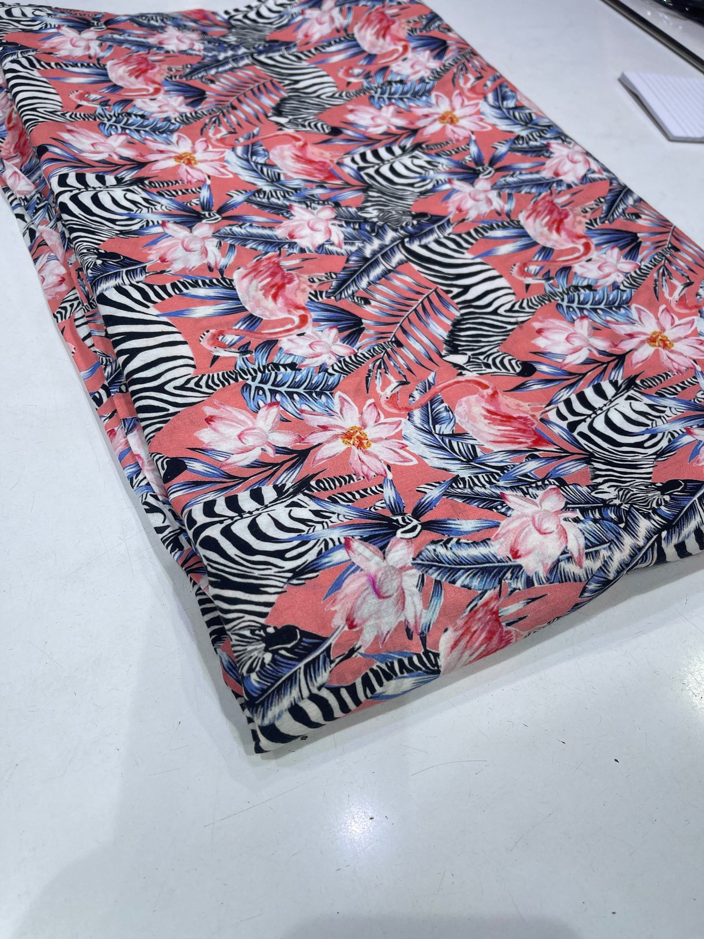 Pure Cotton Digital Print Fabric – Coral Zebra & Flamingo Tropical