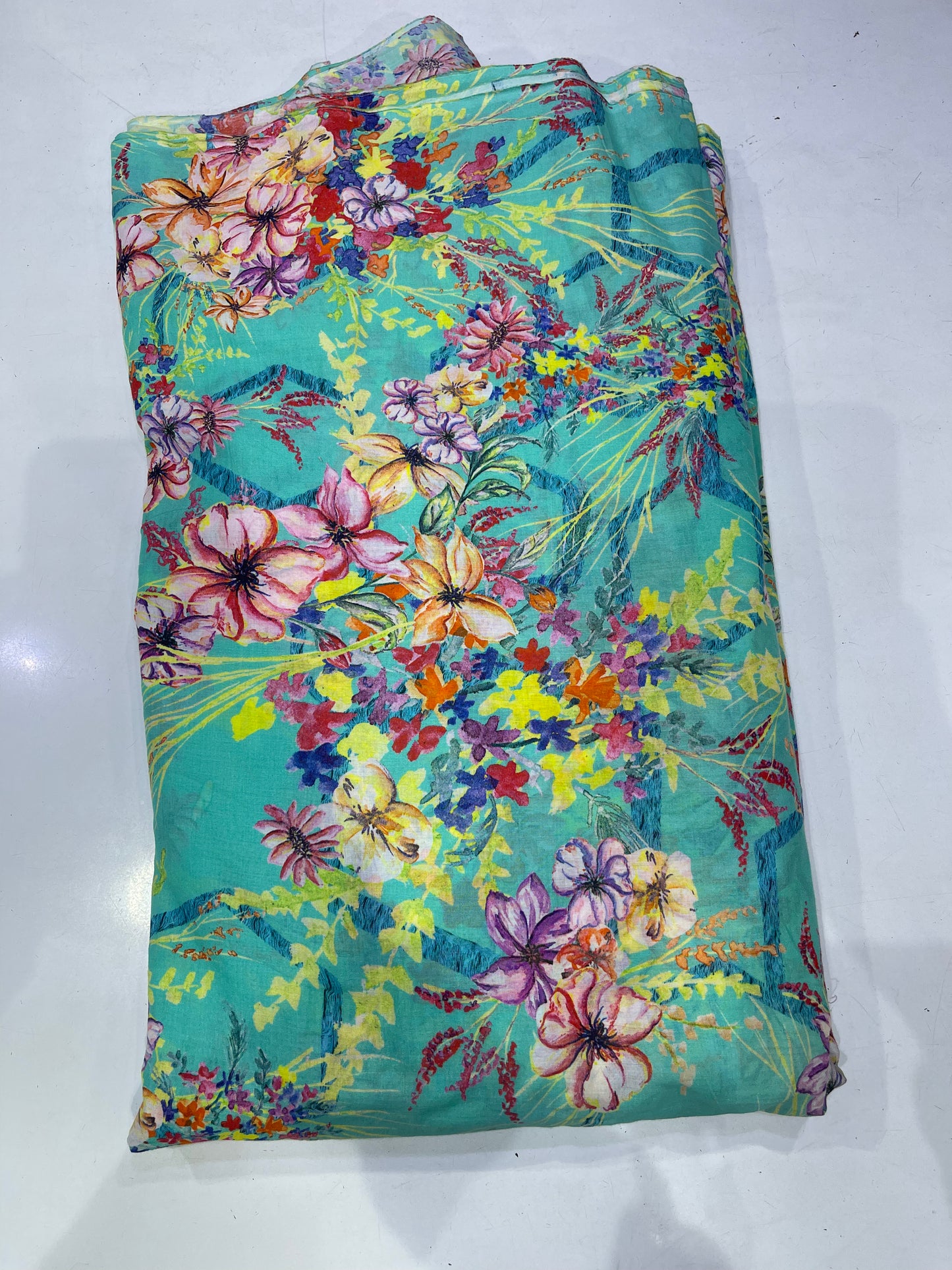 Pure Cotton Digital Print Fabric – Teal Multicolor Floral
