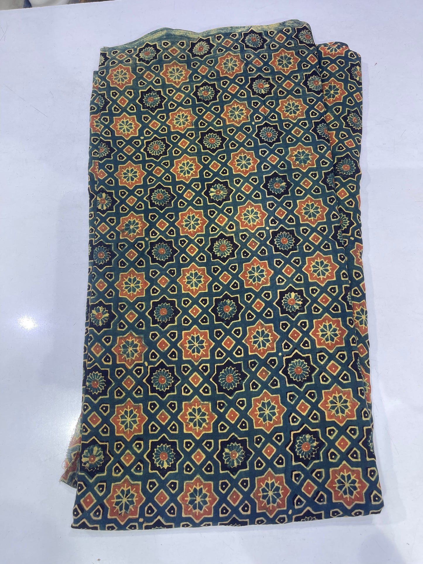 Pure Cotton Mul Ajrak Print Fabric – Dark Green Geometric Motifs