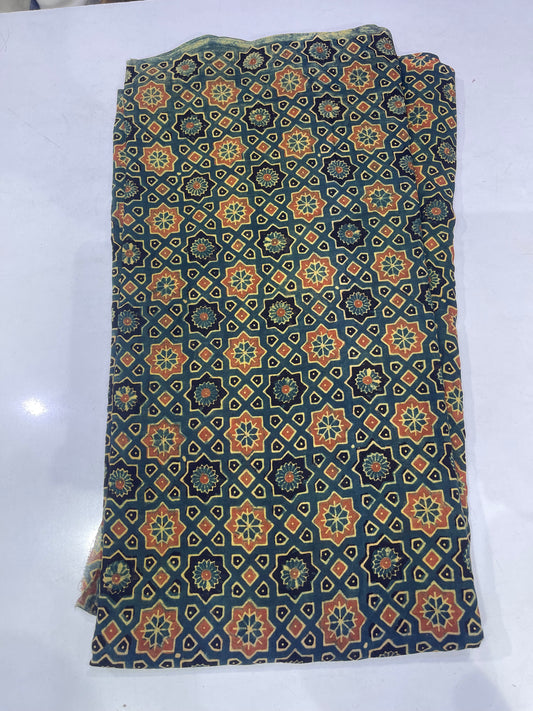 Pure Cotton Mul Ajrak Print Fabric – Dark Green Geometric Motifs