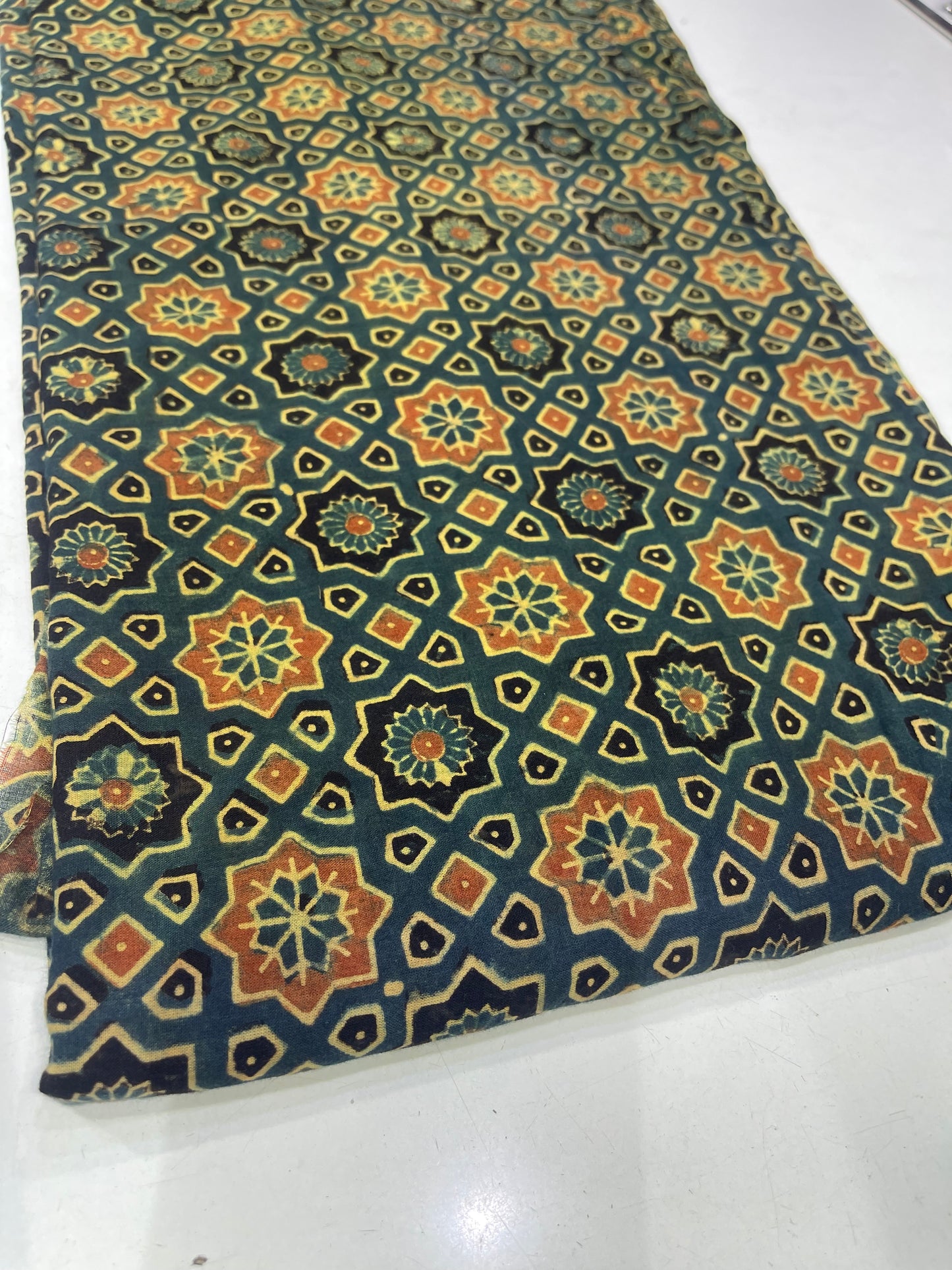 Pure Cotton Mul Ajrak Print Fabric – Dark Green Geometric Motifs