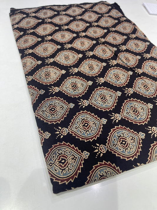Pure Cotton Mul Ajrakh Print Fabric – Black with Traditional Motifs