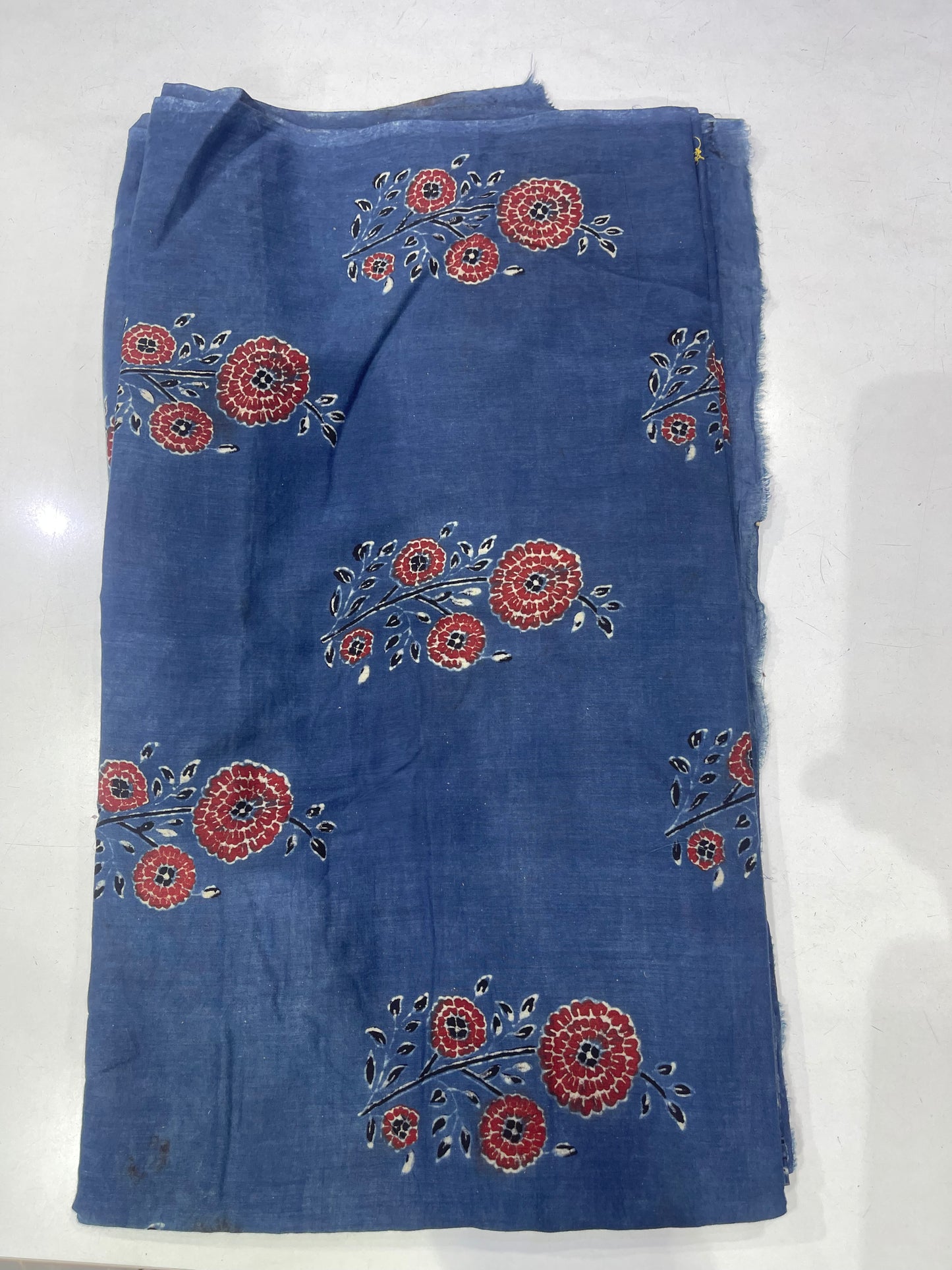 Pure Cotton Mul Ajrakh Print Fabric – Indigo Blue Floral Motifs