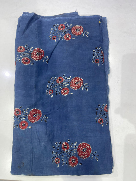 Pure Cotton Mul Ajrakh Print Fabric – Indigo Blue Floral Motifs