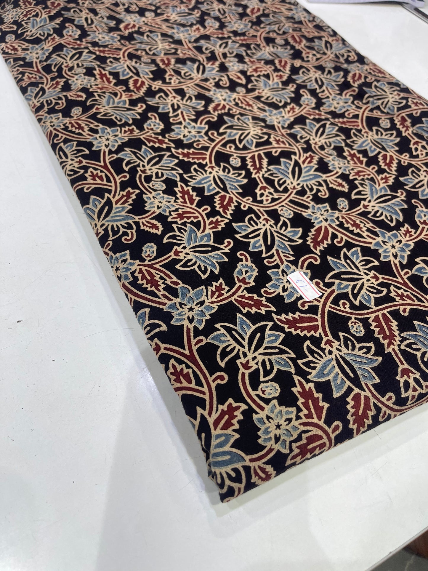 Pure Cotton Mul Ajrakh Print Fabric – Black Floral Vine Motifs