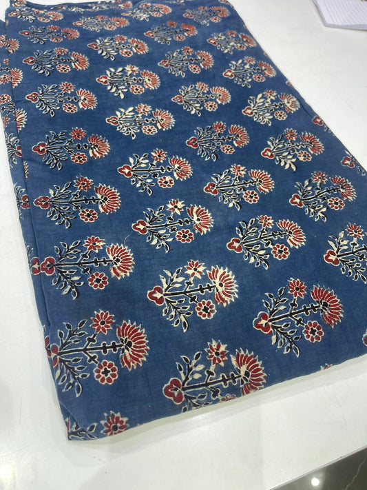 Pure Cotton Mul Ajrakh Print Fabric – Indigo Blue Floral Buti Design