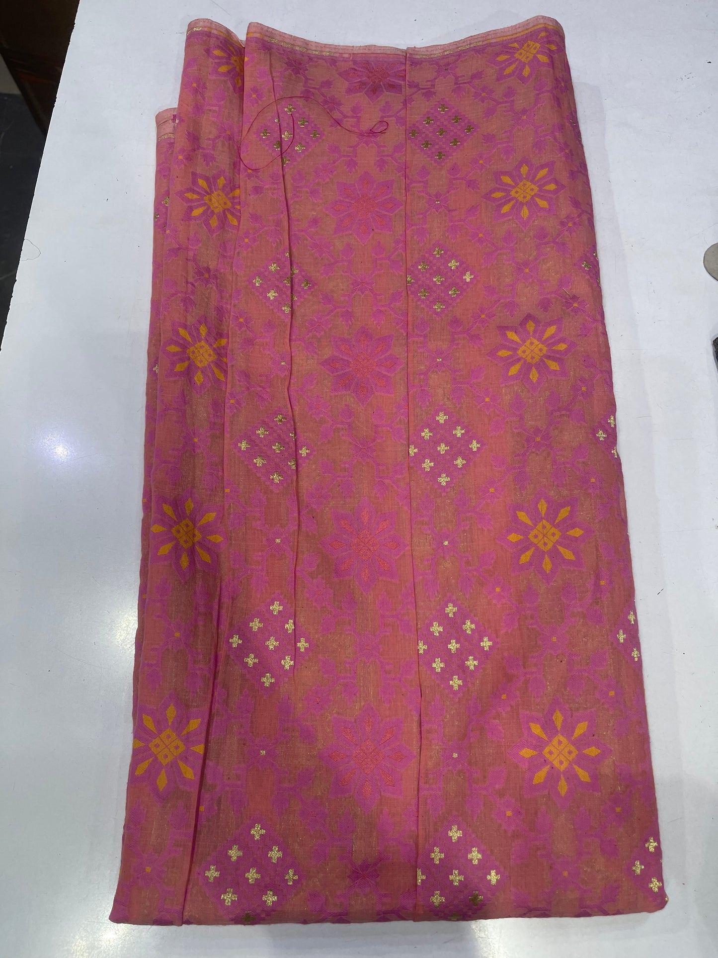 Art Silk Brocade Fabric – Peach Pink Floral Woven Design with Gold Zari
