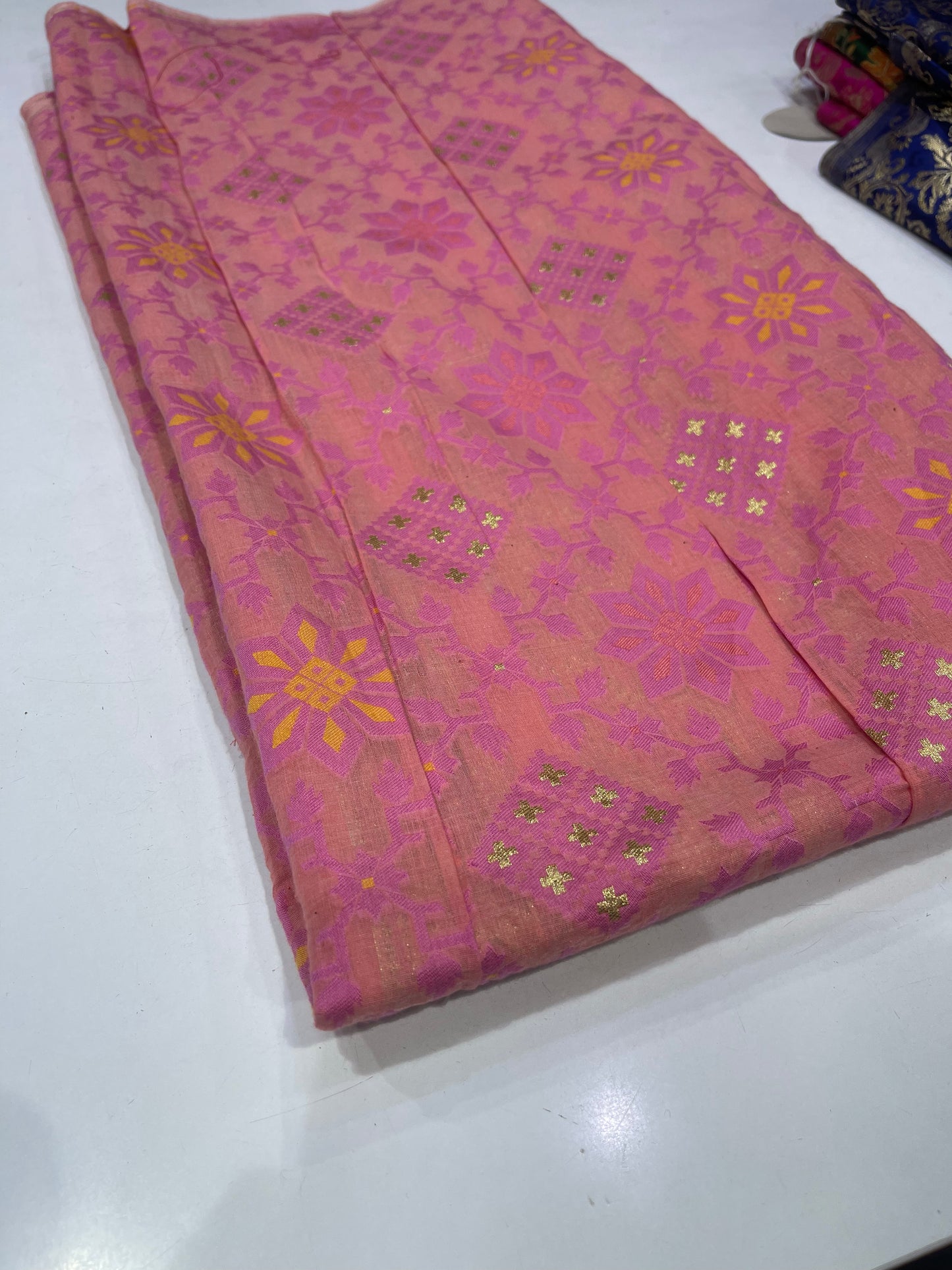 Art Silk Brocade Fabric – Peach Pink Floral Woven Design with Gold Zari
