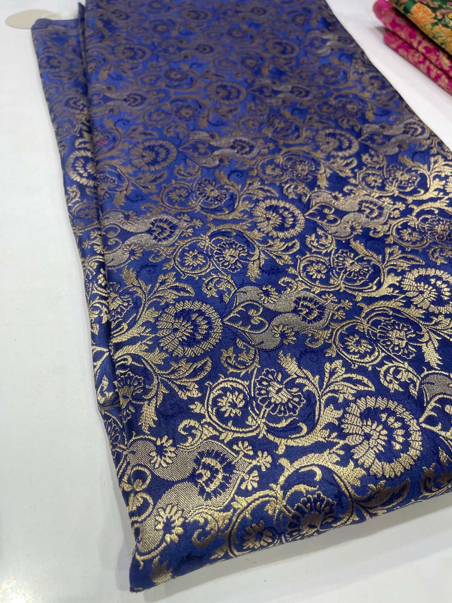 Royal Blue Art Silk Brocade Fabric with Gold Floral Weave – Premium Ethnic Fabric