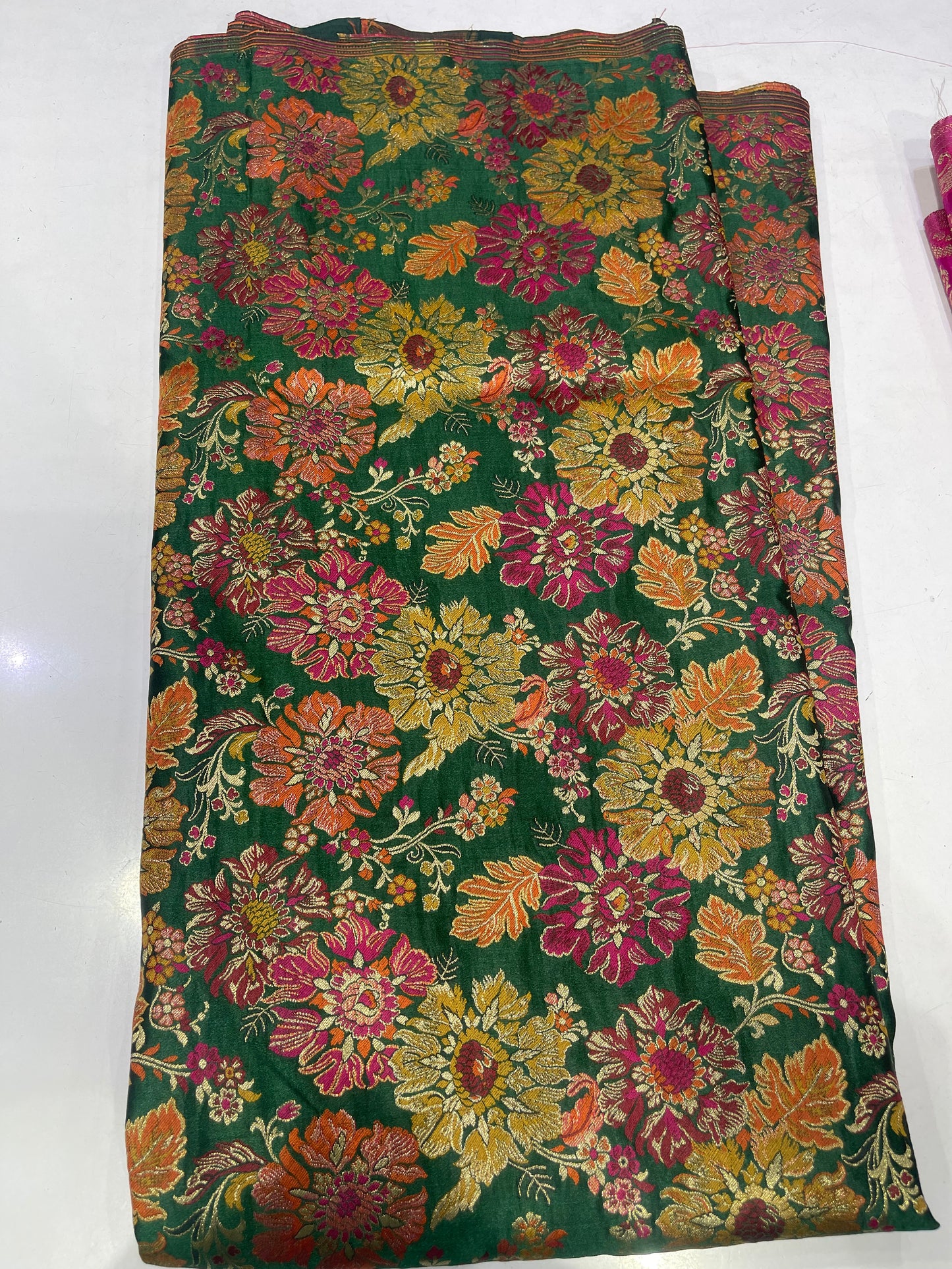 Deep Green Art Silk Brocade Fabric with Multicolor Floral Weave – Festive Ethnic Fabric