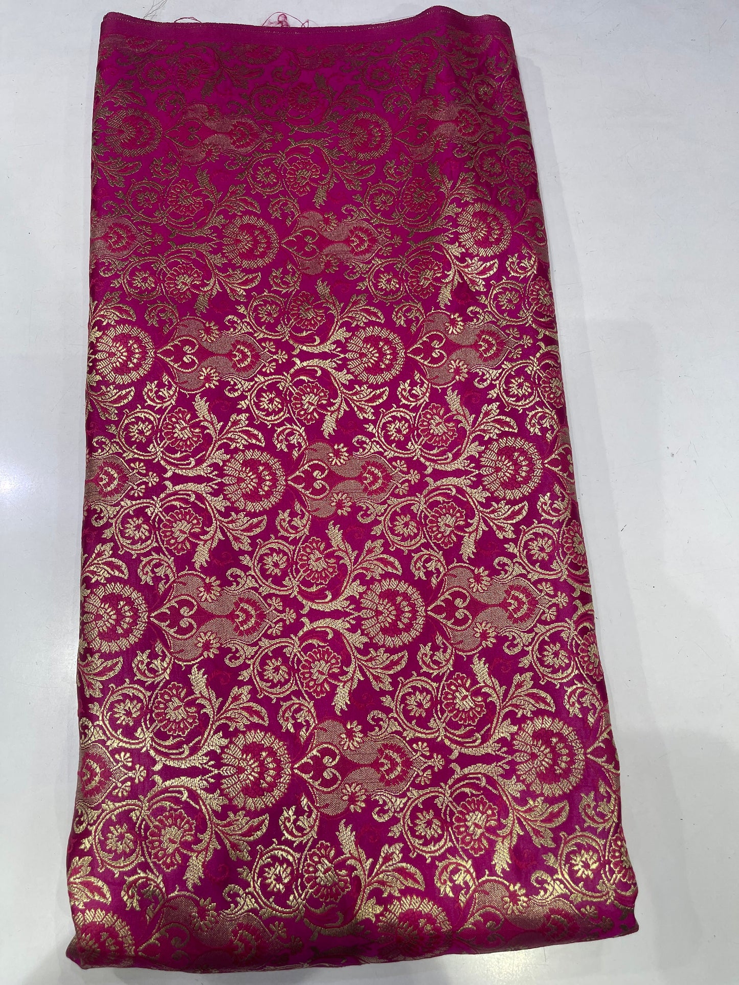 Art Silk Brocade Fabric – Rani Pink with Gold Floral Weave