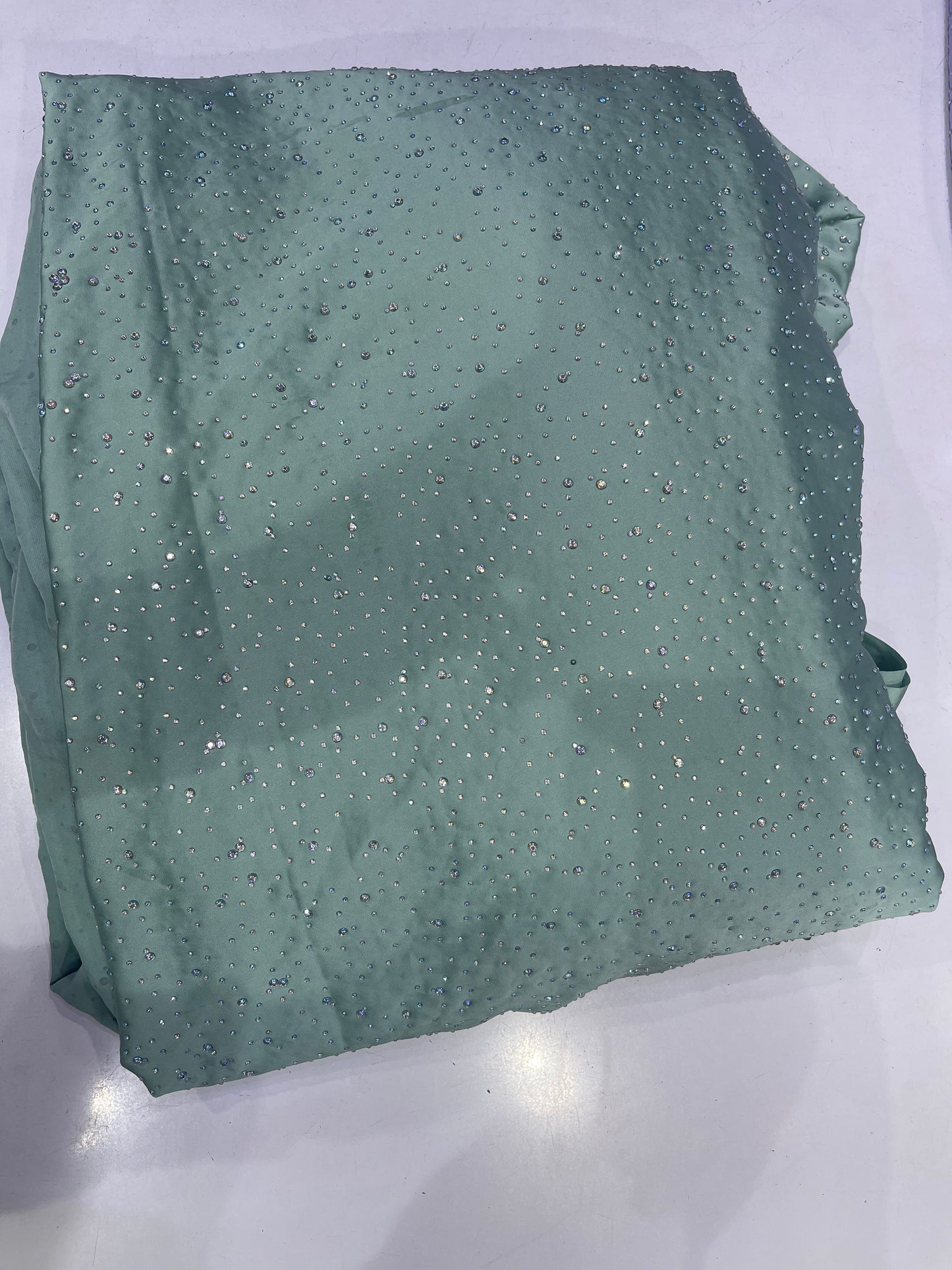 Polyester Satin Fabric with Stone Work – Sage Green Partywear Material
