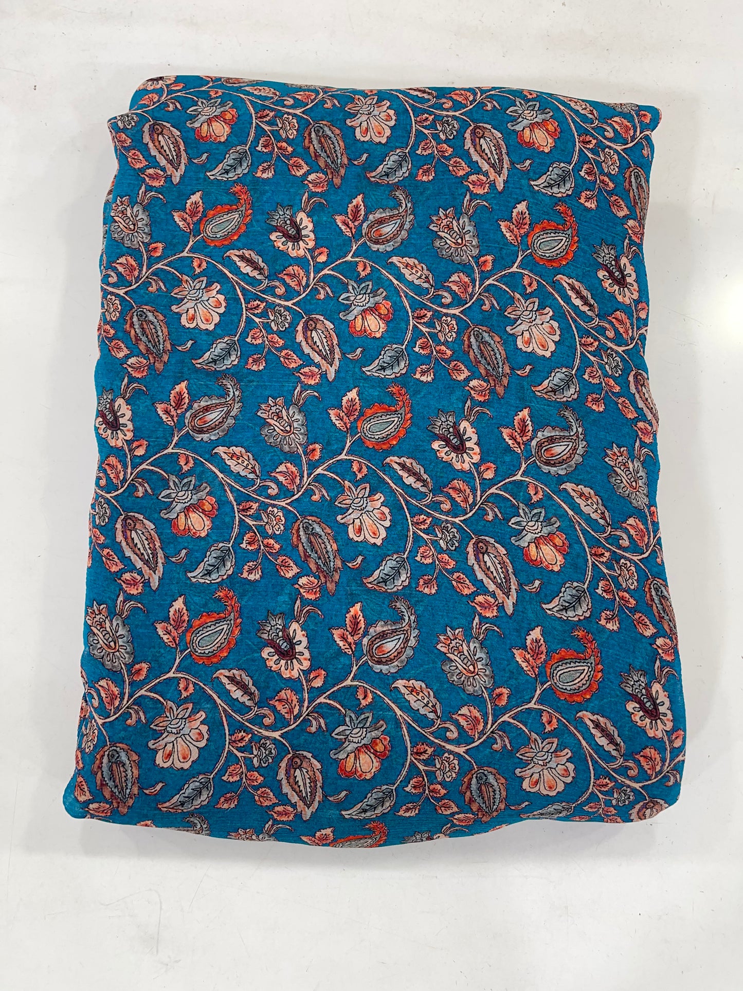 Premium Teal Blue Floral Printed Fabric – Elegant Paisley & Vine Design for Dresses, Kurtas & Home Decor
