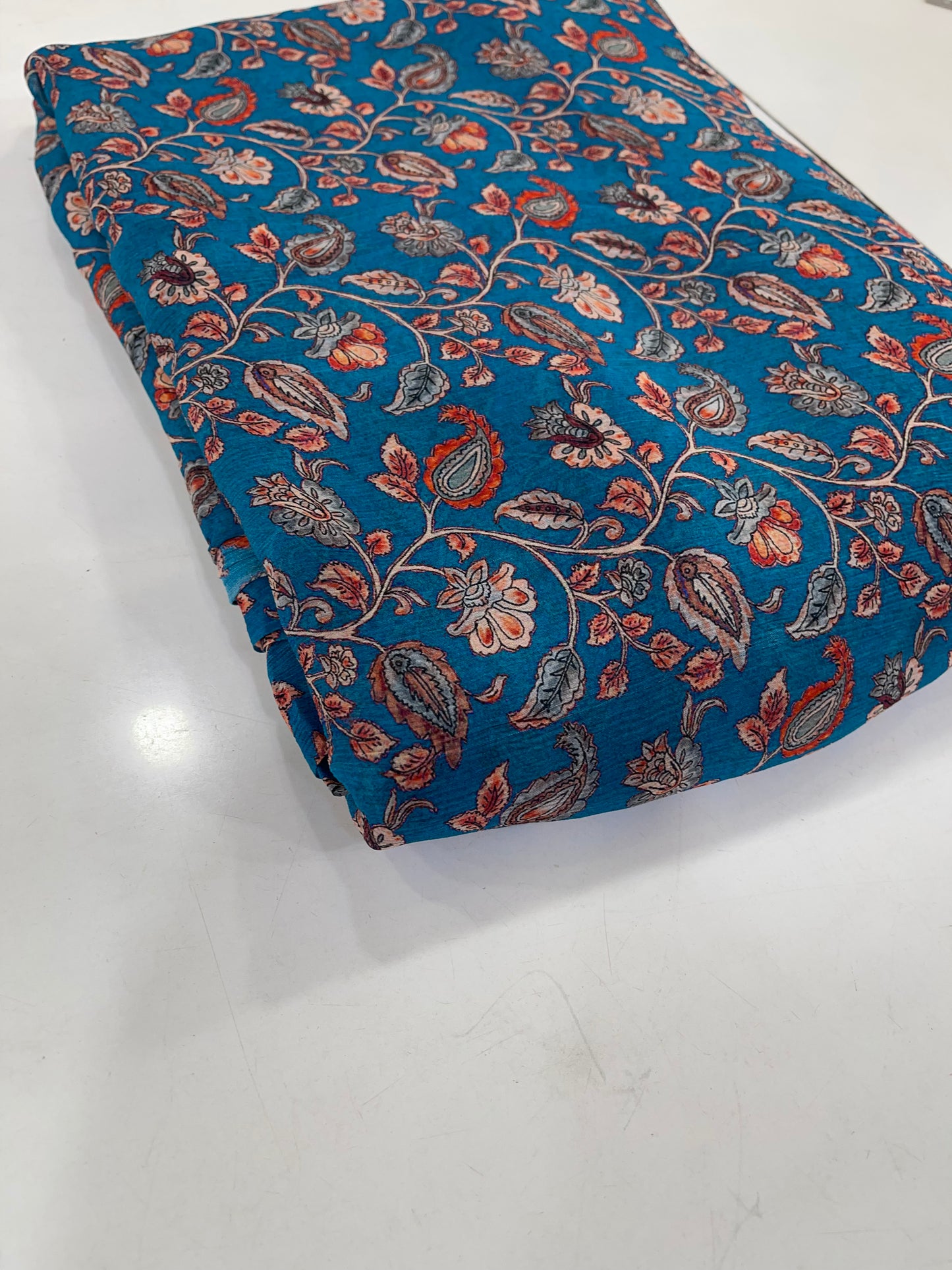 Premium Teal Blue Floral Printed Fabric – Elegant Paisley & Vine Design for Dresses, Kurtas & Home Decor