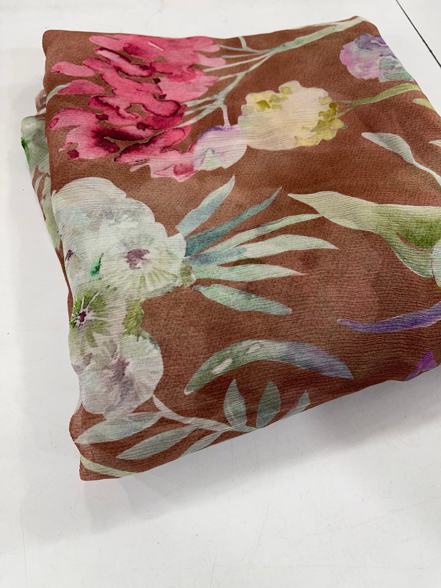 Brown Floral Printed Fabric – Elegant Designer Fabric for Dresses, Kurtas & Home Decor